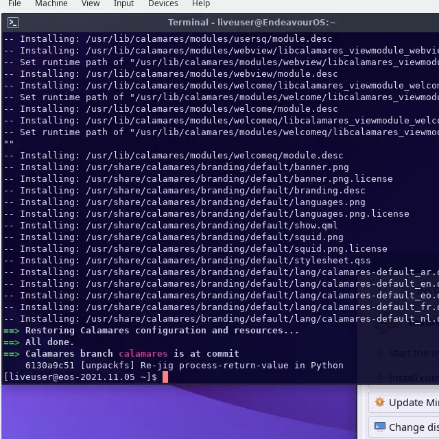 EndeavourOS, Calamares script completed