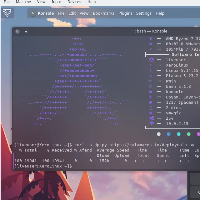 Xero Linux, konsole downloading Calamares script